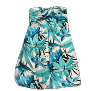 Caché Turquoise Off White Silk Tropical Leaf Pattern Strapless Mini Dress Size 2